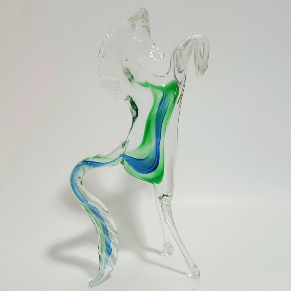 Vintage Hand Blown Glass Horse Sculpture - Green and Blue